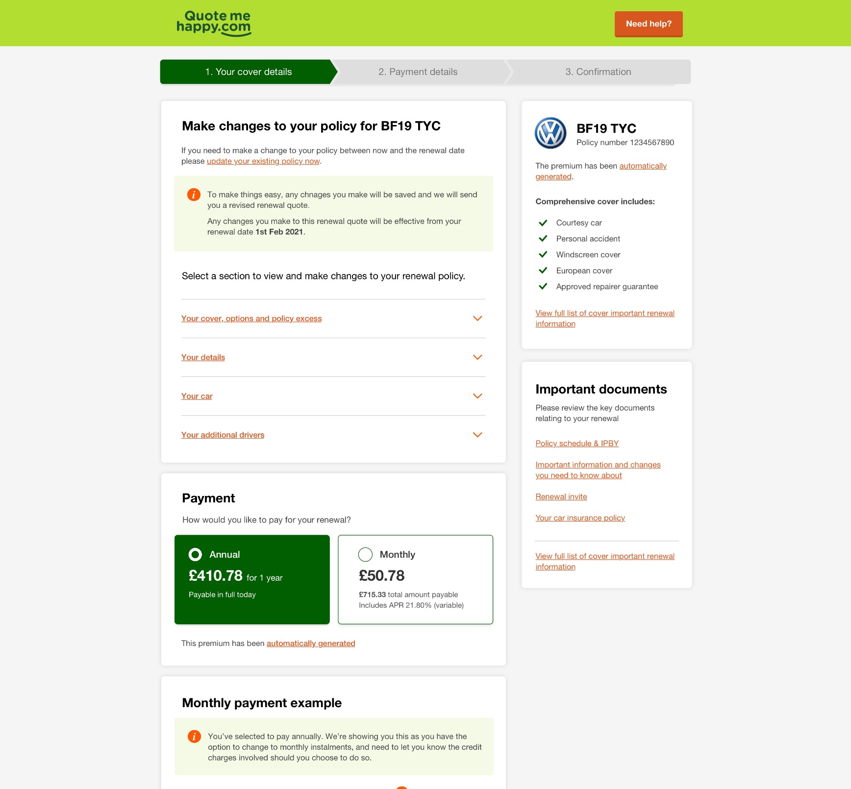 The redesigned renewal screen, separated into clearer steps